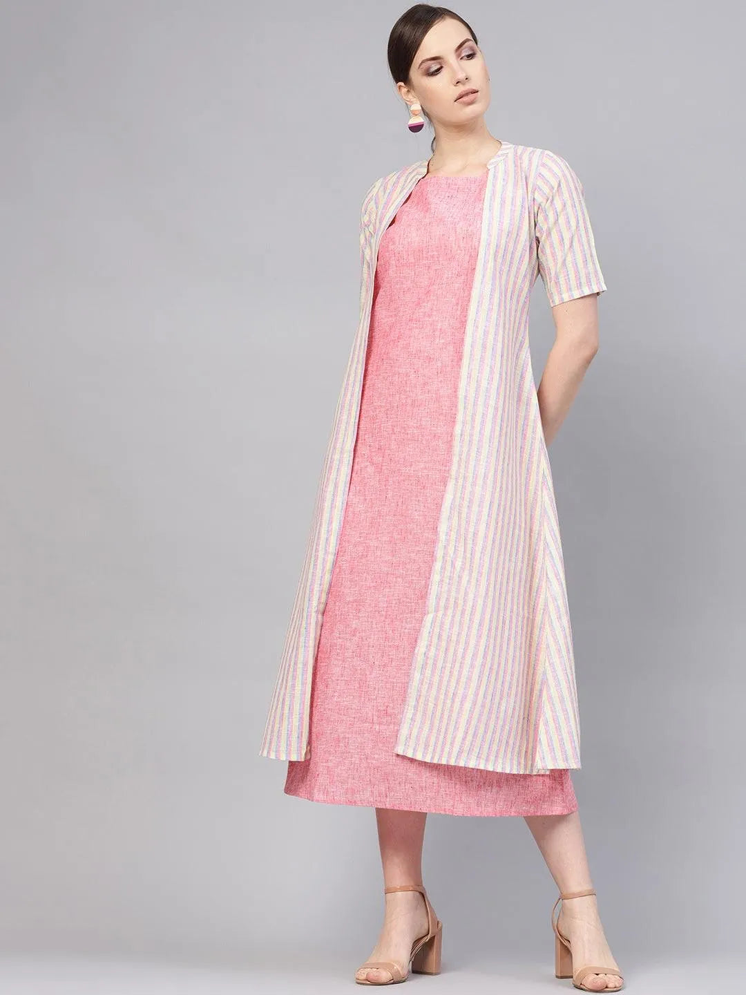 Pink Solid Cotton Dress With Jacket - Jashvi