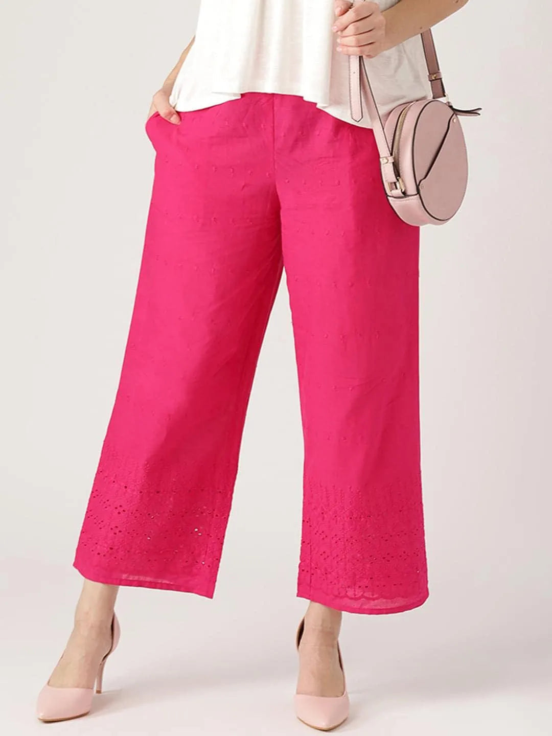 Pink Solid Cotton Palazzos - Jashvi