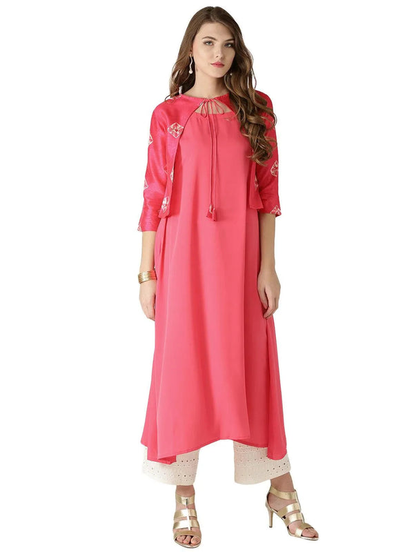 Pink Solid Crepe Kurta With Jacket - Jashvi