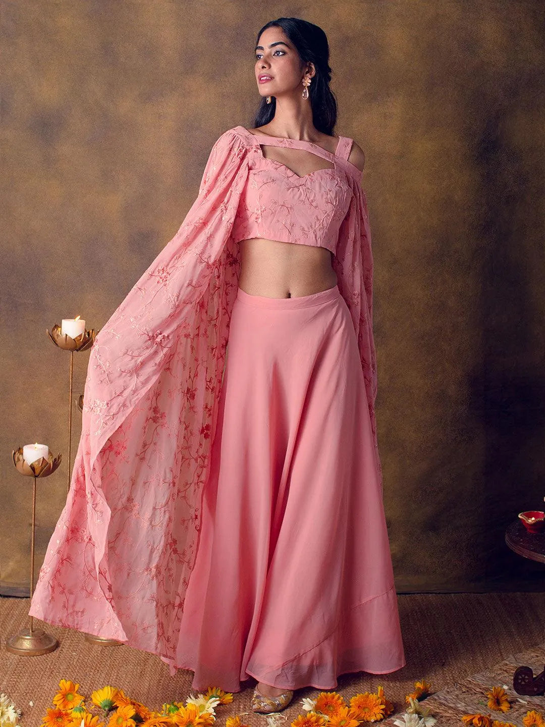 Pink Solid Georgette Lehenga Set - Jashvi