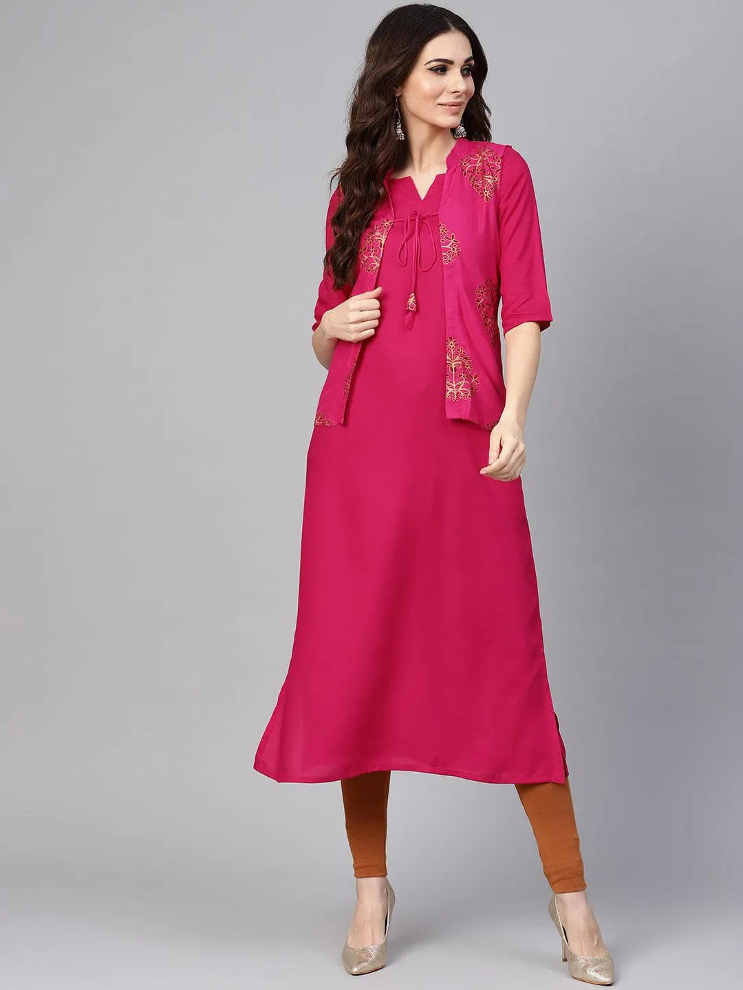 Pink Solid Rayon Kurta With Jacket - Jashvi