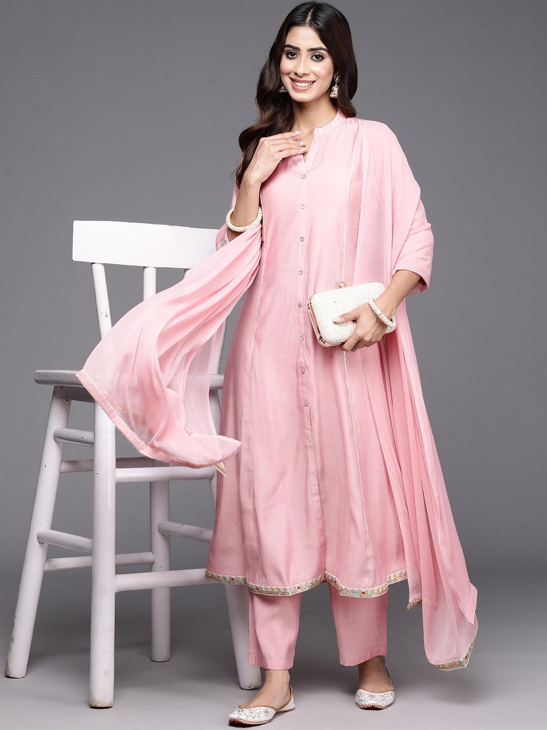 Pink Solid Silk Blend A-Line Kurta With Trousers & Dupatta - Jashvi