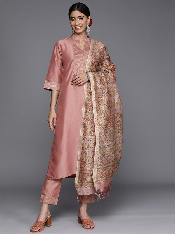 Pink Solid Silk Blend Straight Suit Set With Trousers - Jashvi