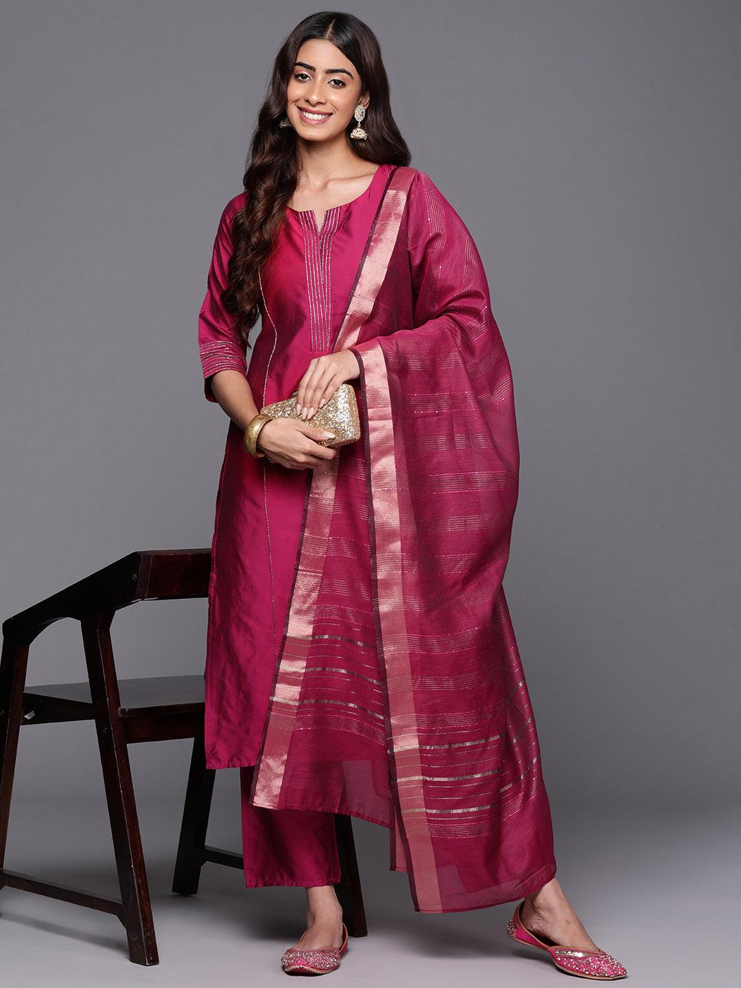 Pink Solid Silk Blend Straight Kurta With Trousers & Dupatta - Jashvi