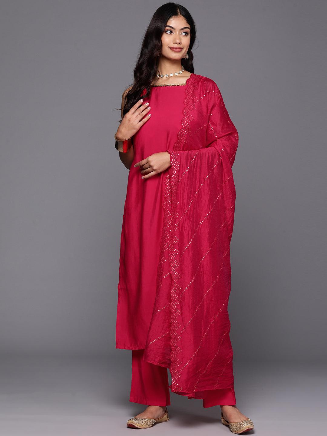 Pink Solid Silk Blend Straight Kurta With Trousers & Dupatta - Jashvi