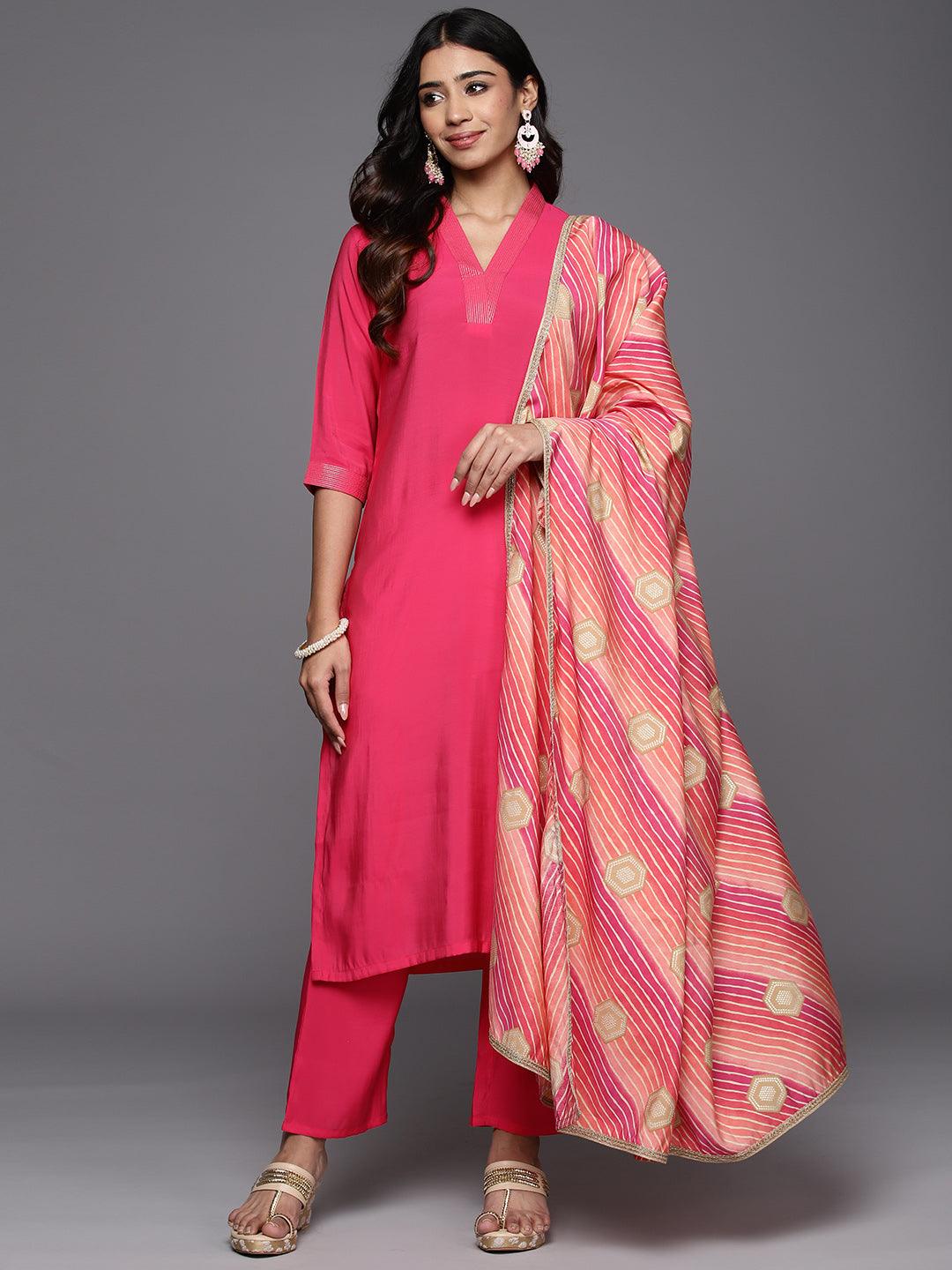 Pink Solid Silk Blend Straight Kurta With Trousers & Dupatta - Jashvi