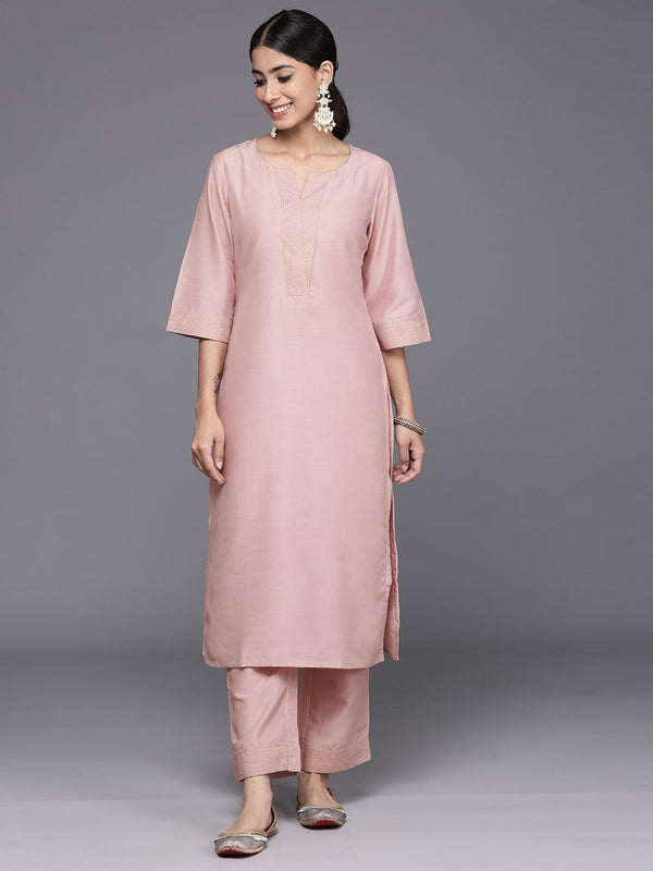 Pink Solid Silk Blend Straight Kurta With Trousers & Dupatta - Jashvi