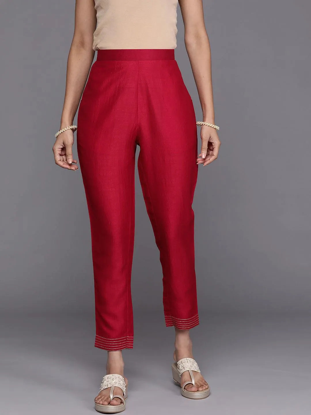 Pink Solid Silk Trousers - Jashvi