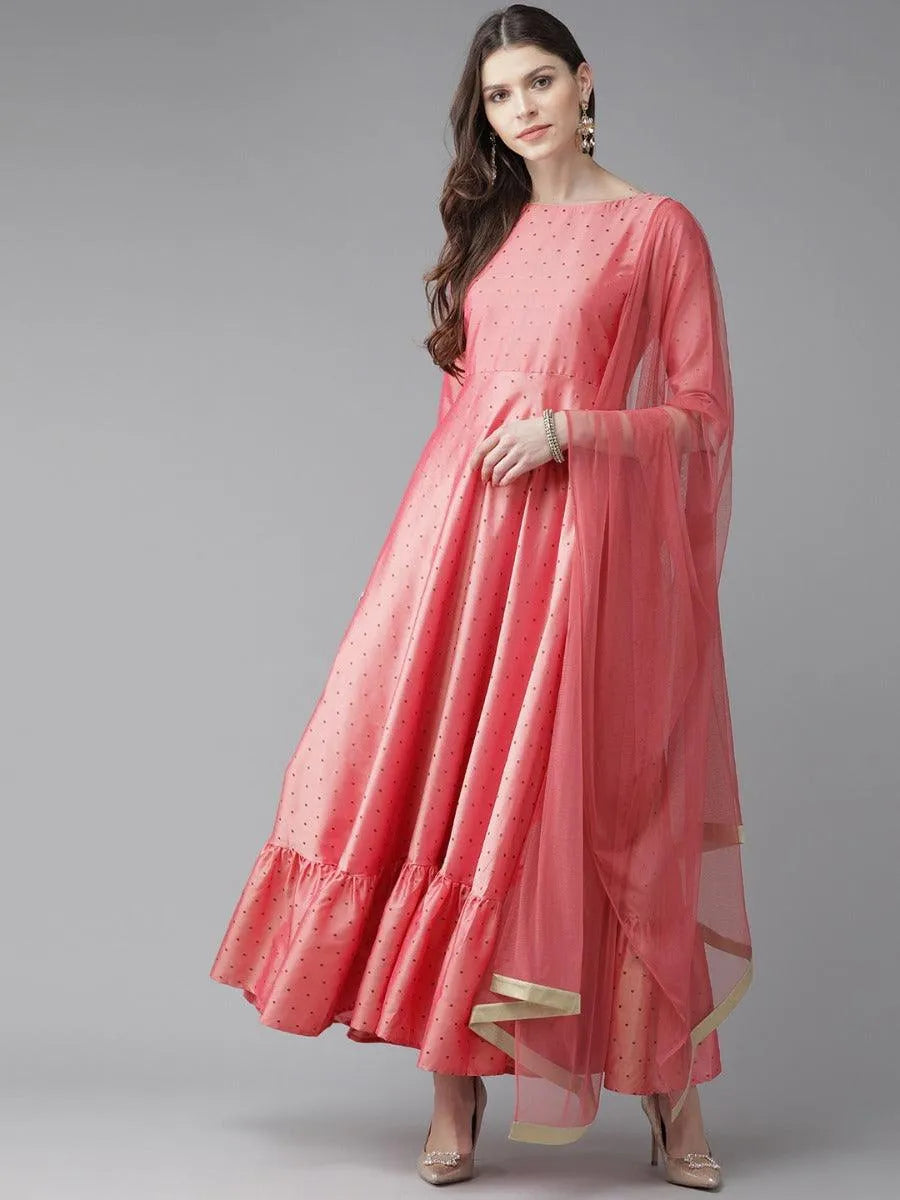 Pink Striped Chanderi Dress With Dupatta - Jashvi