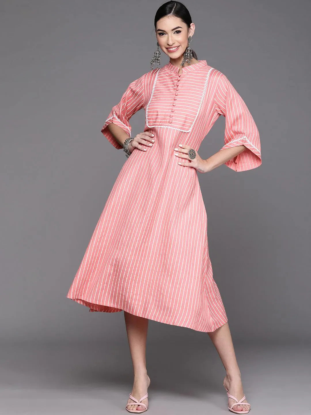 Pink Striped Cotton Dress - Jashvi