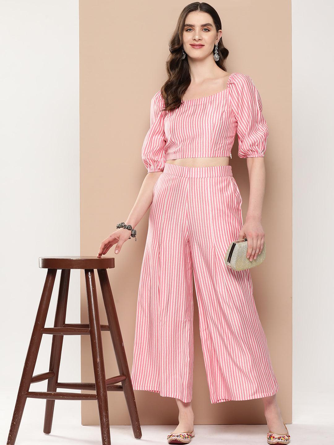 Pink Striped Polyester Top With Palazzos - Jashvi