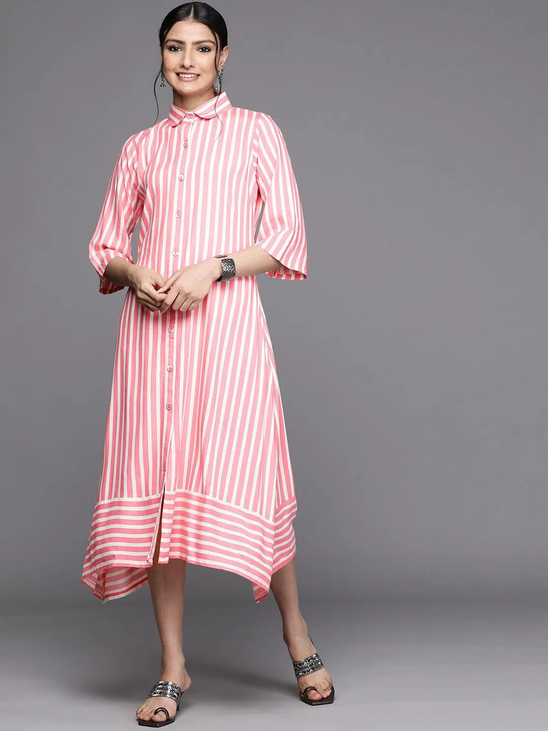 Pink Striped Rayon Dress - Jashvi