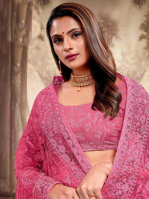 Women's Pink Heavy Embroidered Net  Saree - Odette