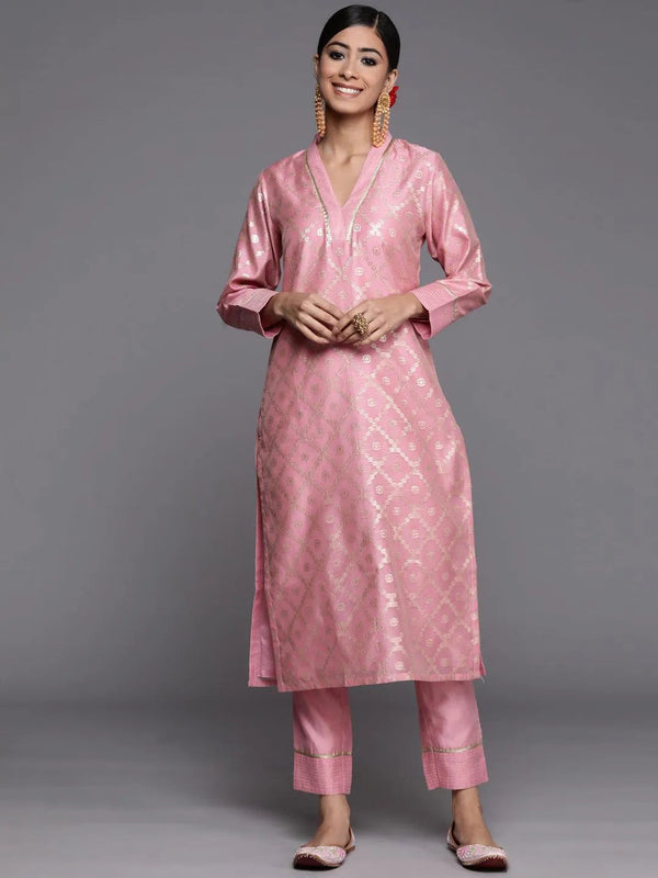 Pink Woven Design Chanderi Silk Straight Kurta - Jashvi