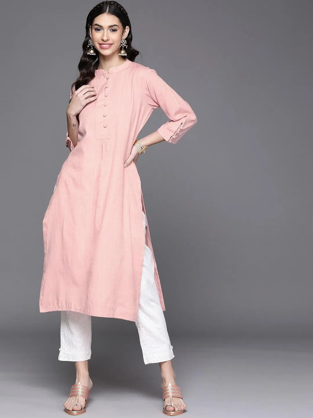 Pink Woven Design Cotton Kurta - Jashvi