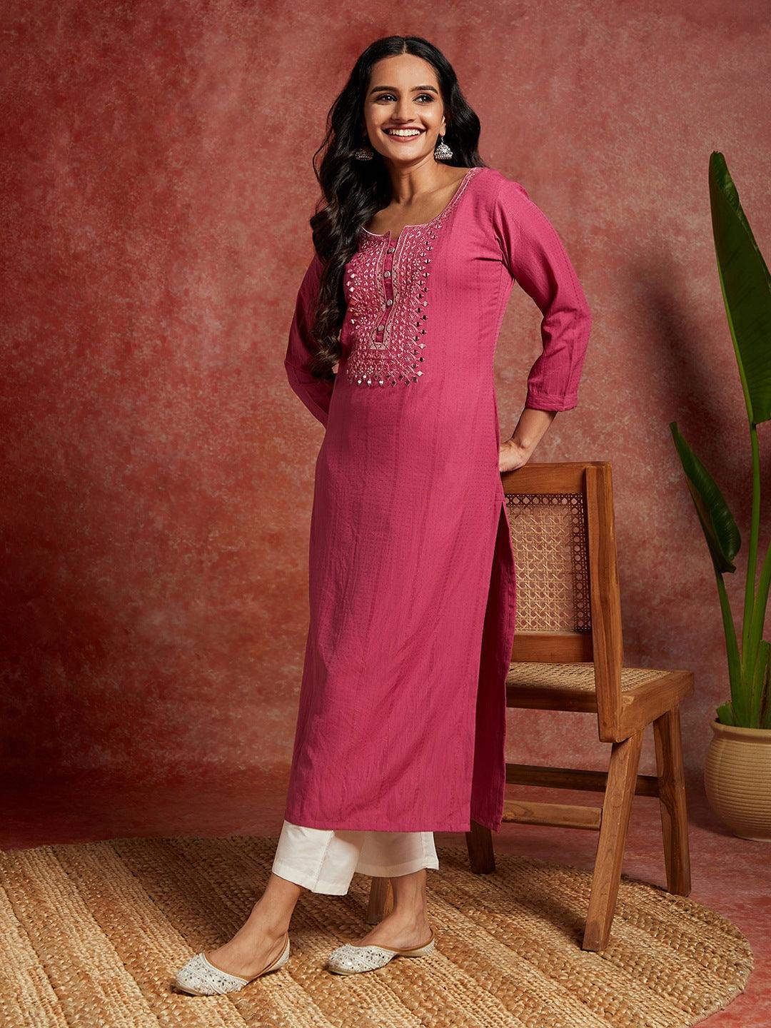 Pink Woven Design Cotton Straight Kurta - Jashvi