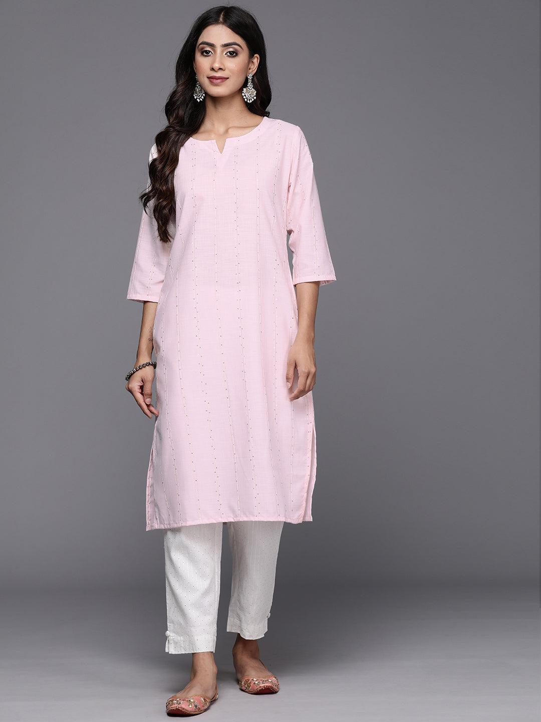 Pink Woven Design Cotton Straight Kurta - Jashvi