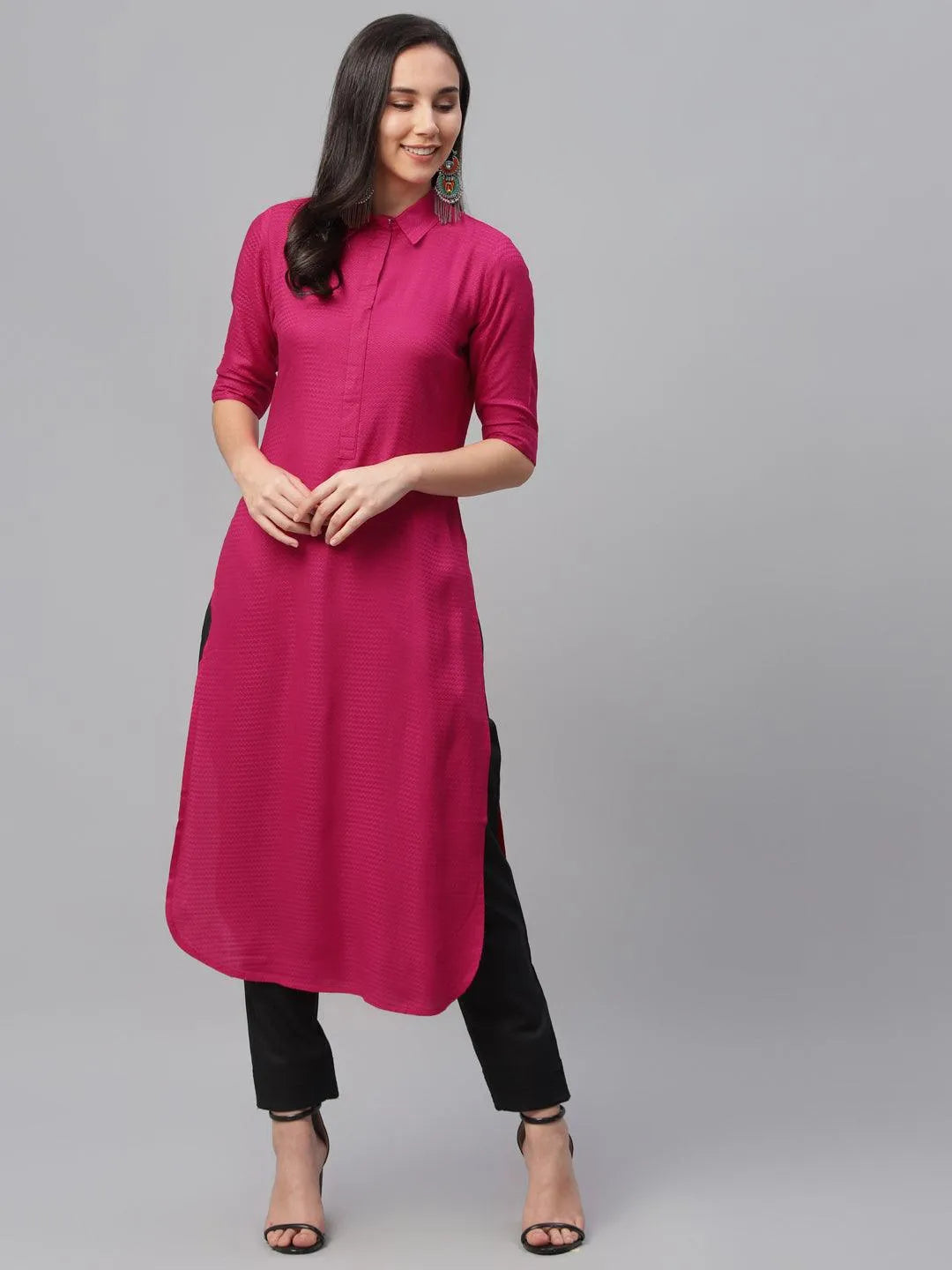 Pink Woven Design Rayon Kurta - Jashvi