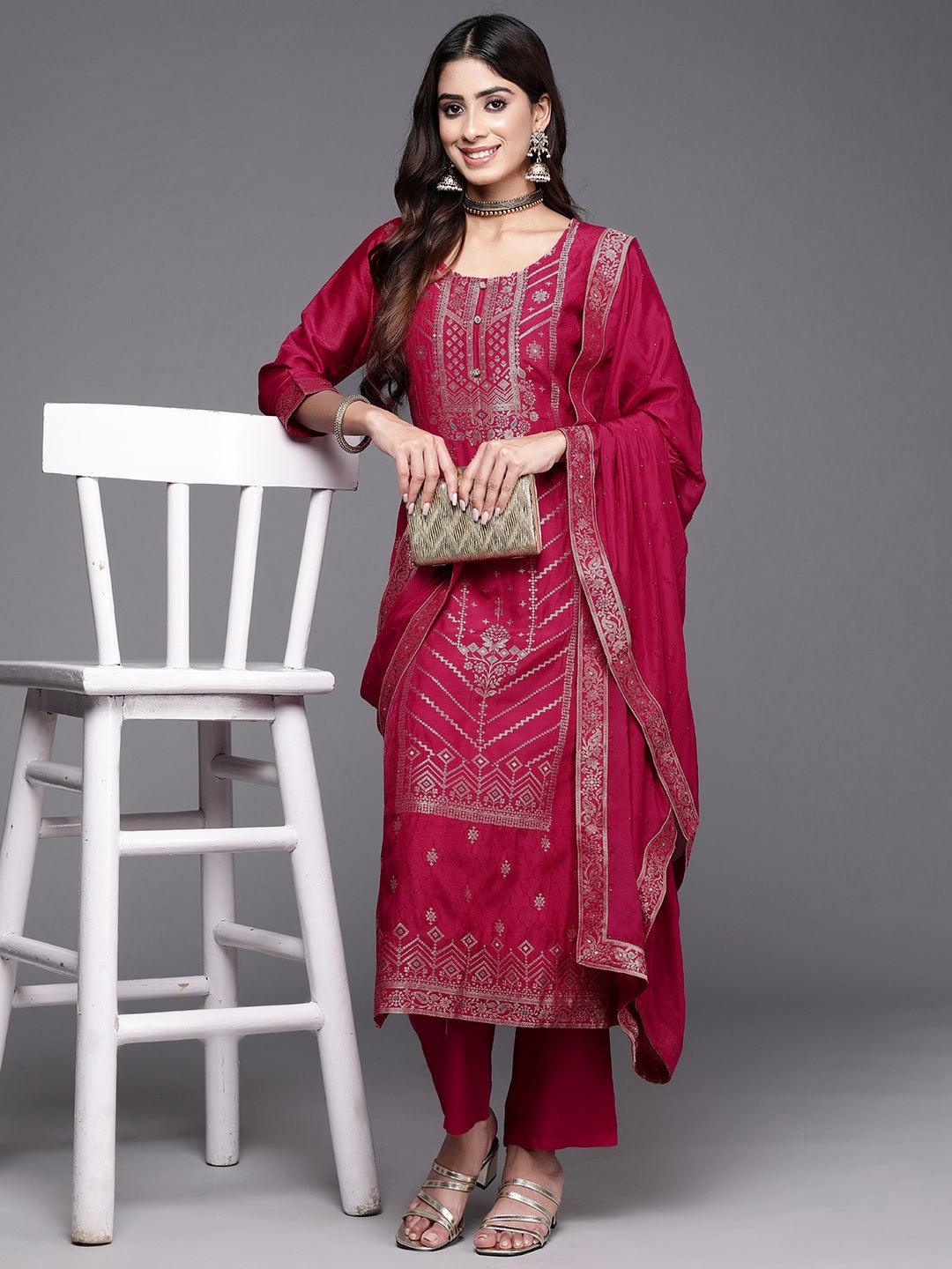 Pink Woven Design Silk Blend Straight Kurta With Palazzos & Dupatta - Jashvi