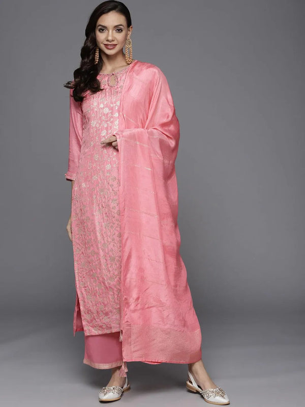 Pink Woven Design Silk Blend Straight Suit Set - Jashvi