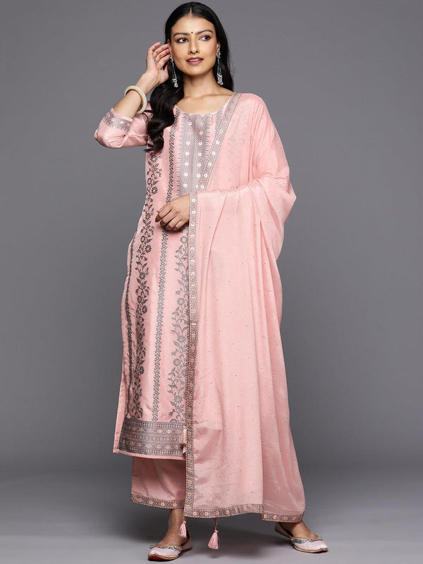 Pink Woven Design Silk Blend Straight Kurta With Trousers & Dupatta - Jashvi