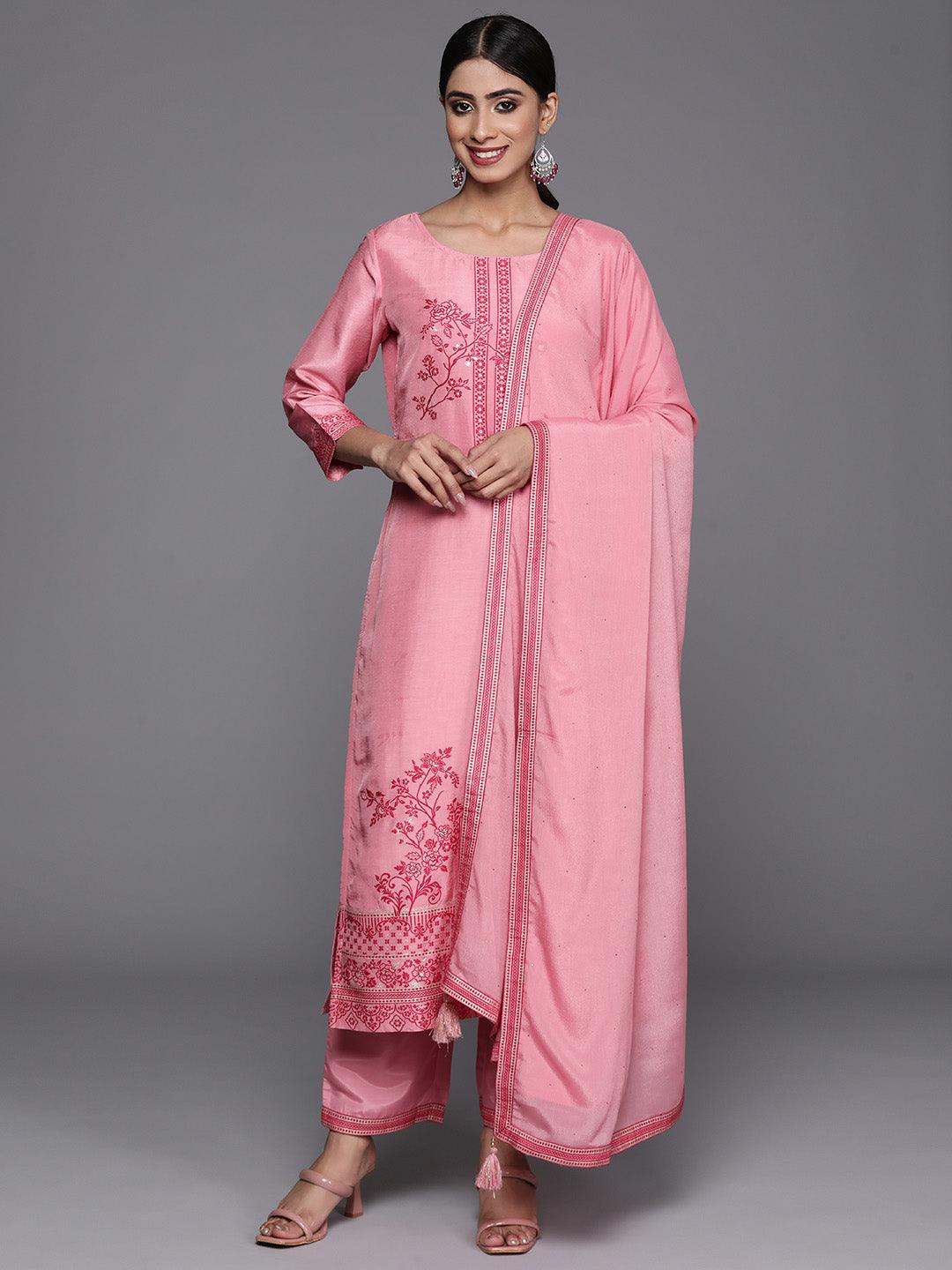 Pink Woven Design Silk Blend Straight Kurta With Trousers & Dupatta - Jashvi