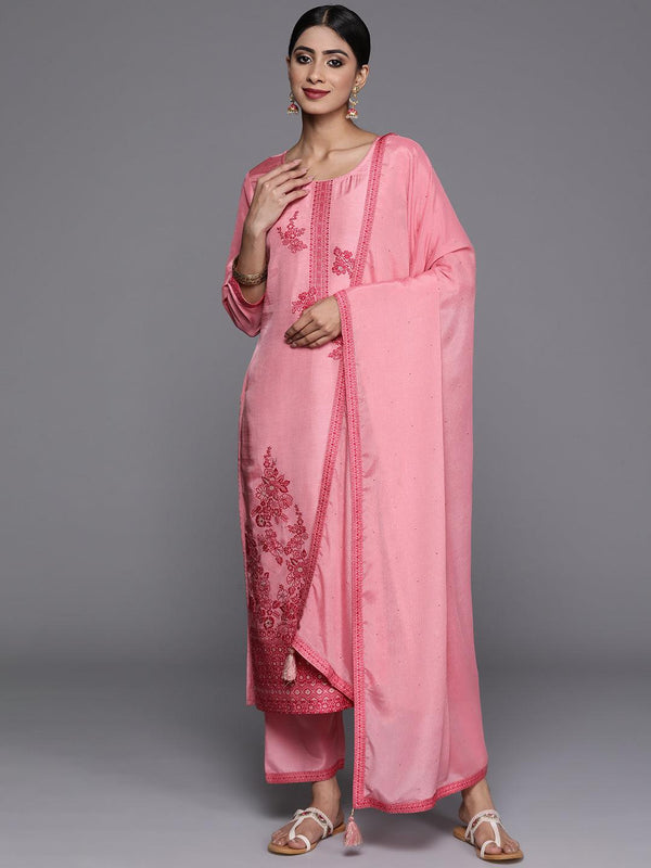 Pink Woven Design Silk Blend Straight Kurta With Trousers & Dupatta - Jashvi