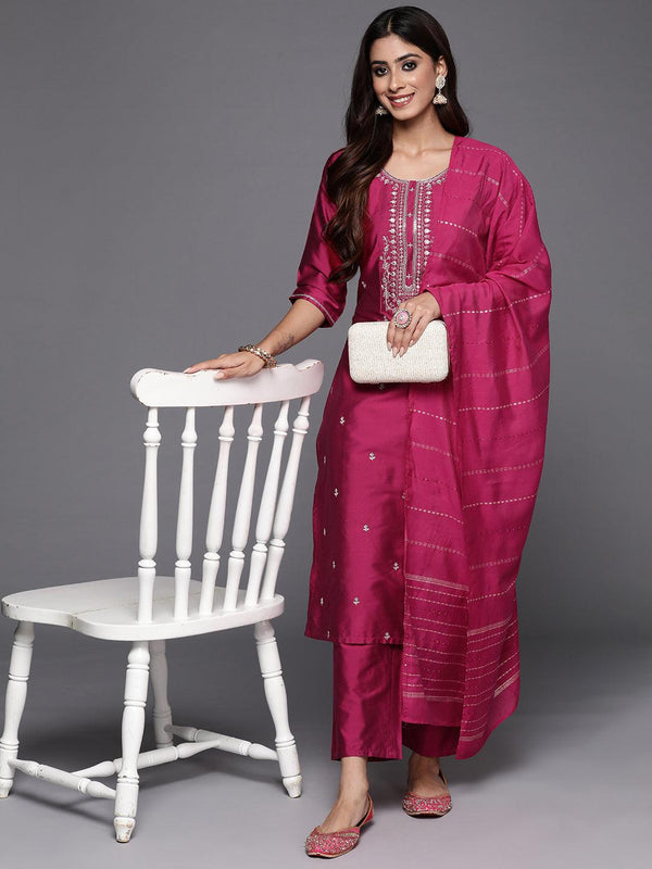 Pink Woven Design Silk Blend Straight Kurta With Trousers & Dupatta - Jashvi