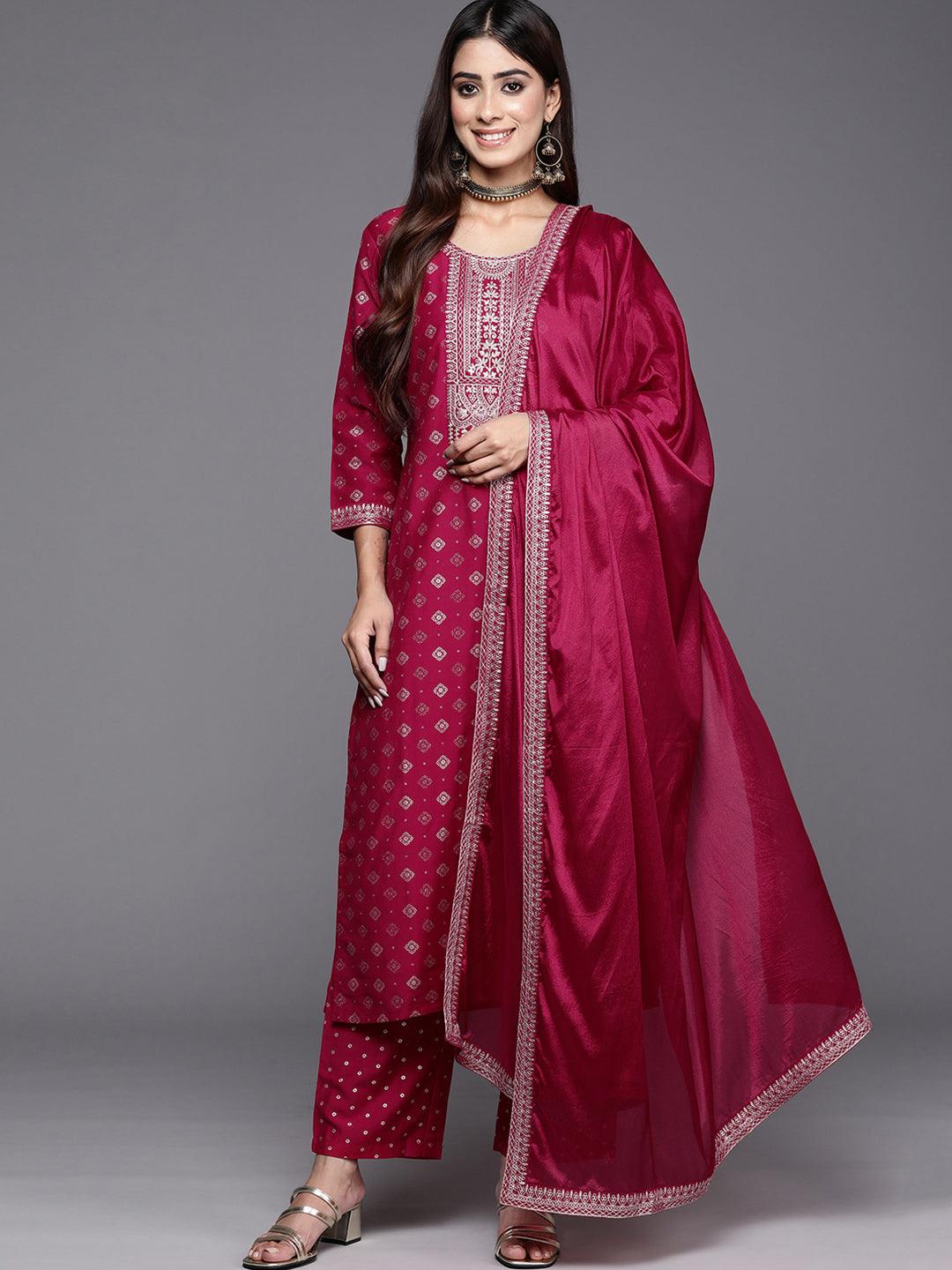 Pink Woven Design Silk Blend Straight Kurta With Trousers & Dupatta - Jashvi