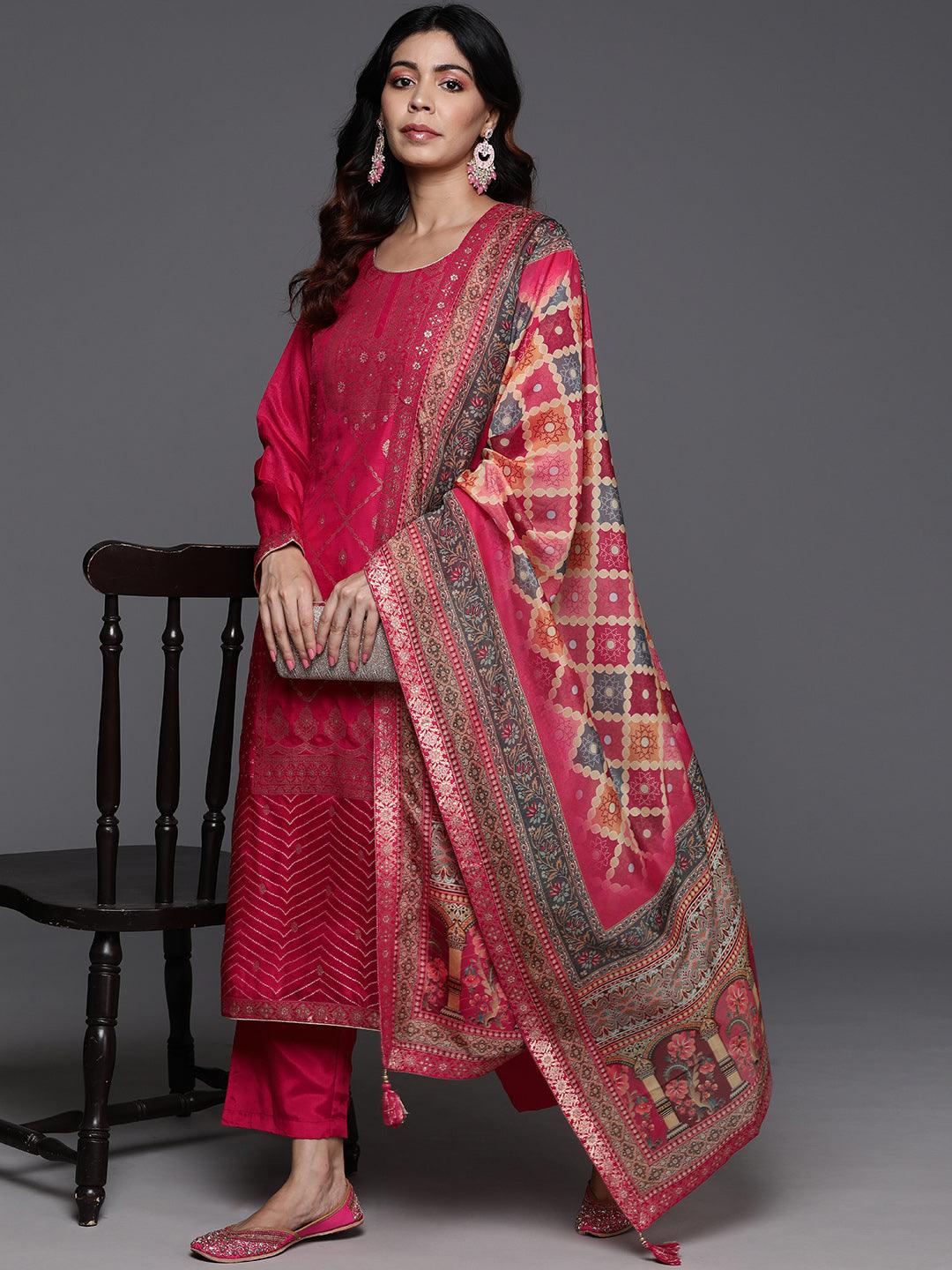 Pink Woven Design Silk Blend Straight Kurta With Trousers & Dupatta - Jashvi