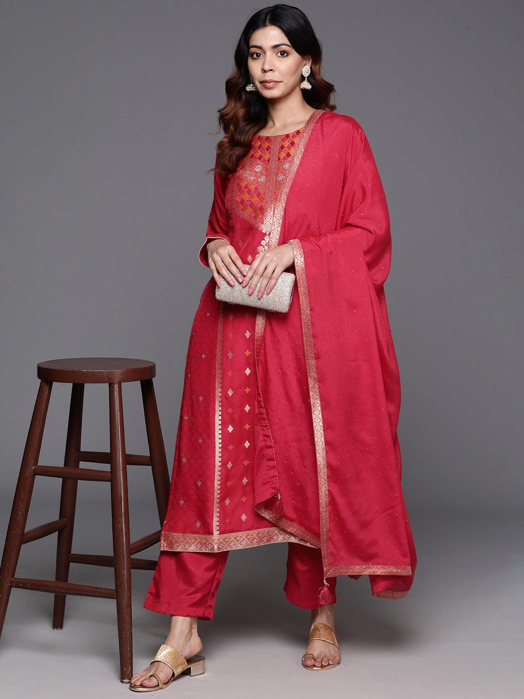 Pink Woven Design Silk Blend Straight Kurta With Trousers & Dupatta - Jashvi