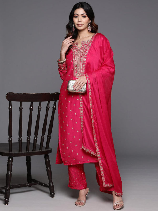 Pink Woven Design Silk Blend Straight Suit With Dupatta