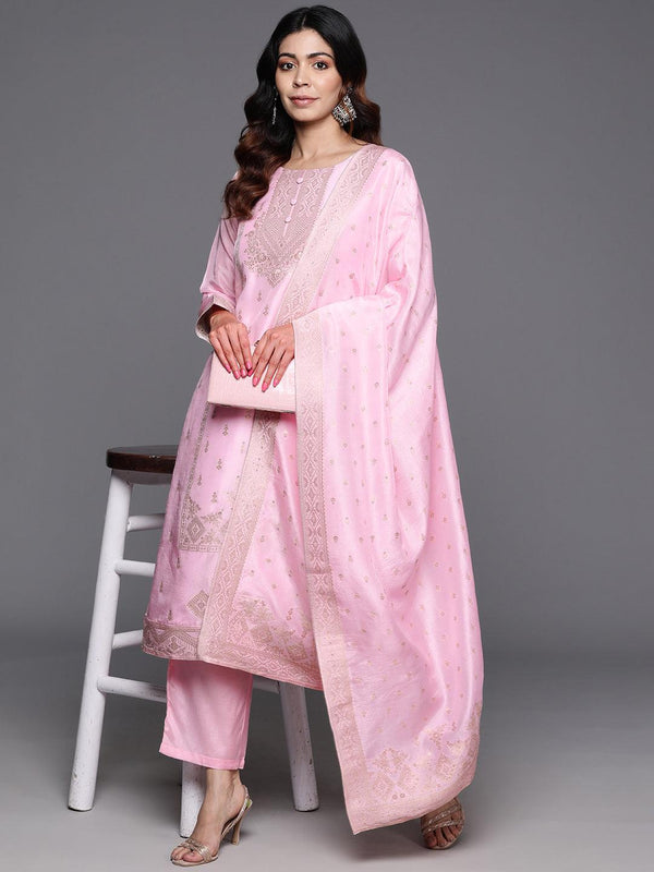 Pink Woven Design Silk Blend Straight Kurta With Trousers & Dupatta - Jashvi