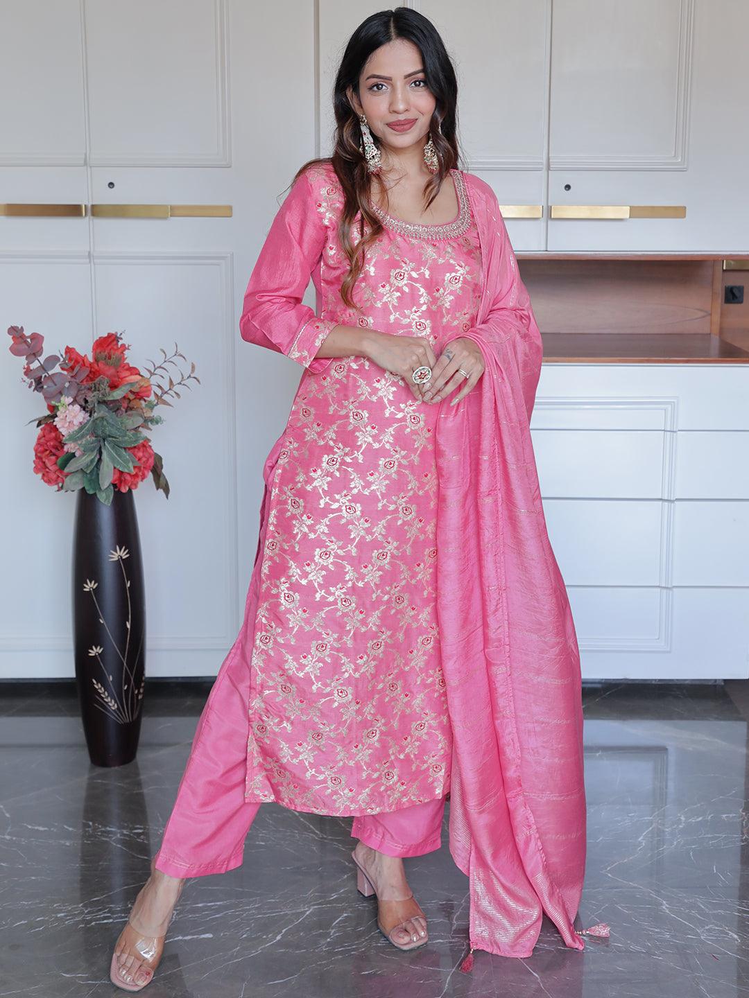 Pink Woven Design Silk Blend Straight Kurta With Trousers & Dupatta - Jashvi