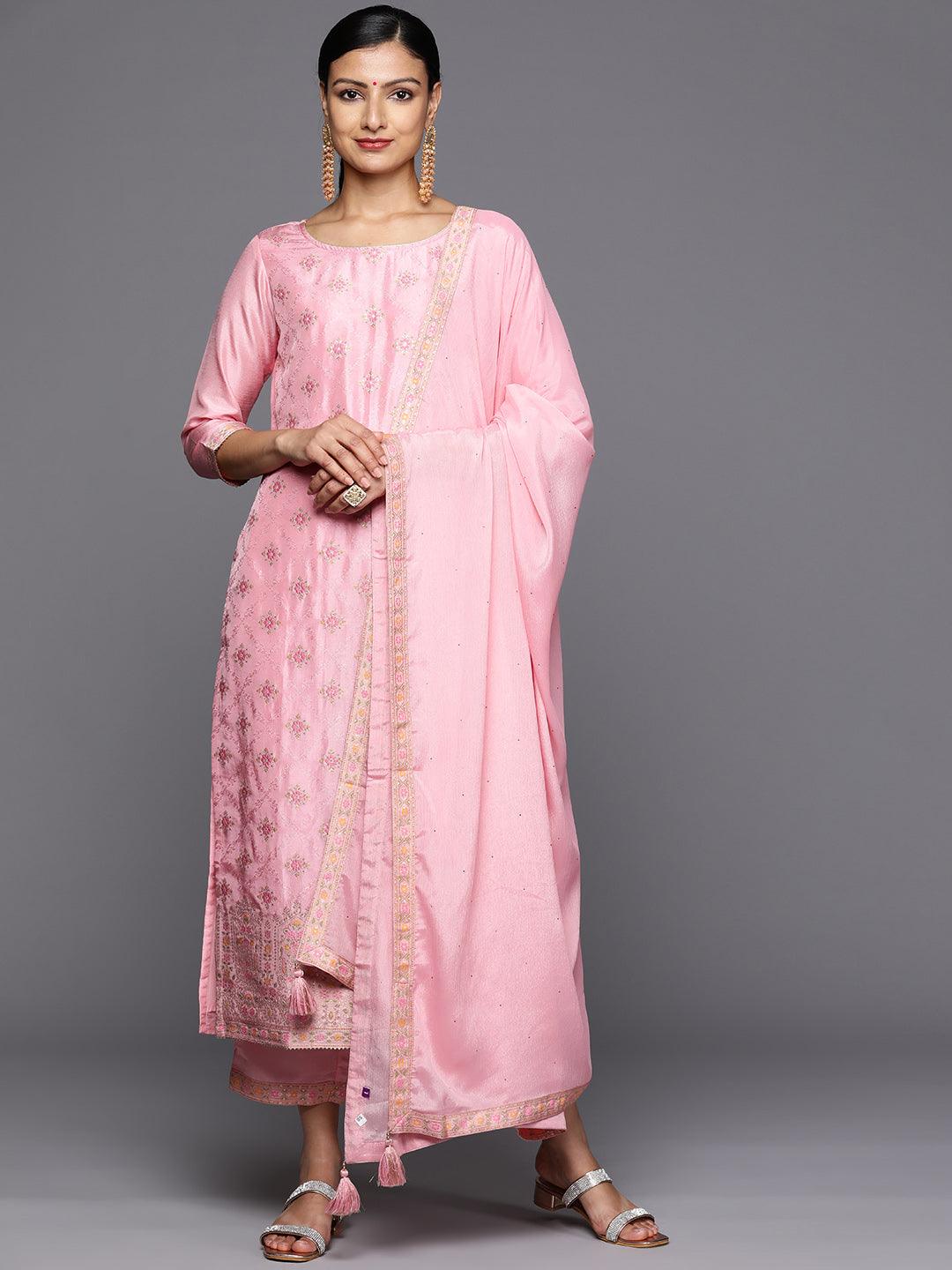 Pink Woven Design Silk Blend Straight Kurta With Trousers & Dupatta - Jashvi