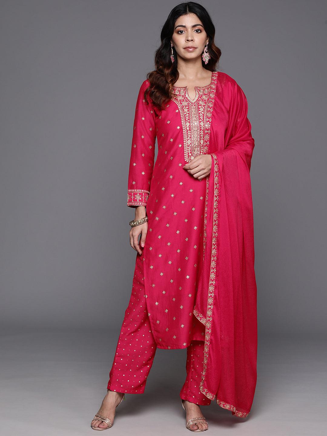 Pink Woven Design Silk Blend Straight Suit With Dupatta - Jashvi