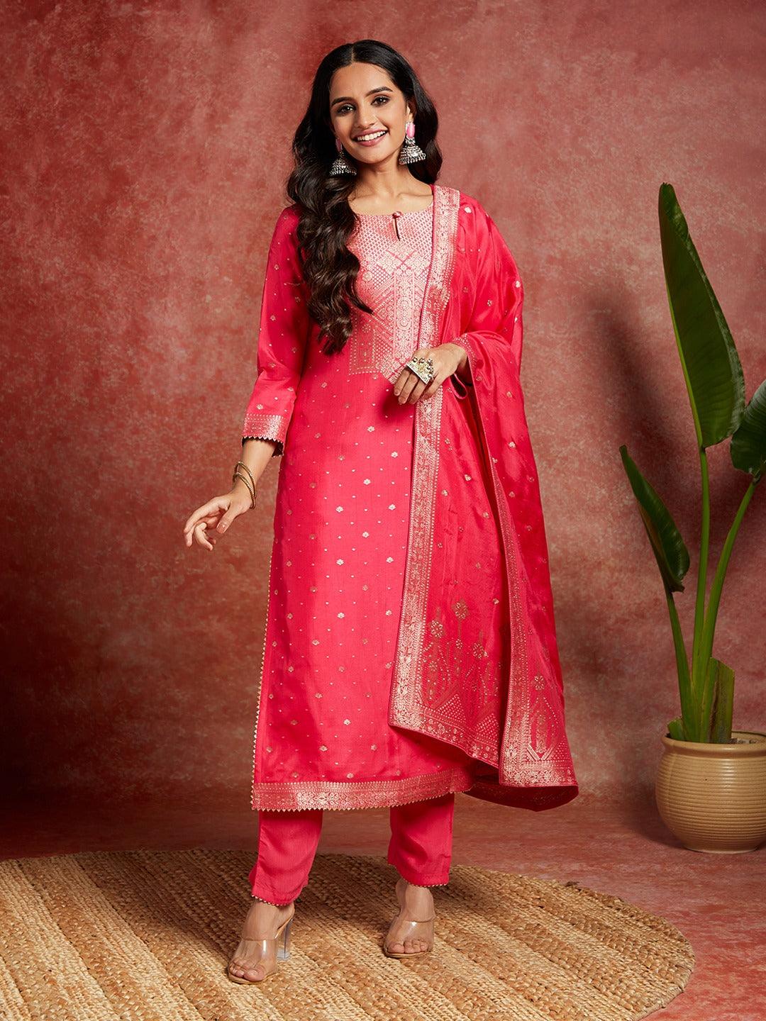 Pink Woven Design Silk Straight Kurta With Trousers & Dupatta - Jashvi