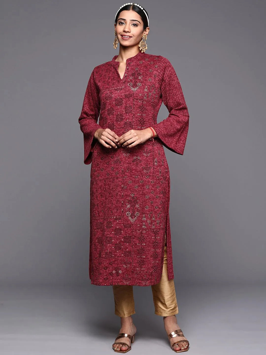 Pink Woven Design Wool Straight Kurta - Jashvi