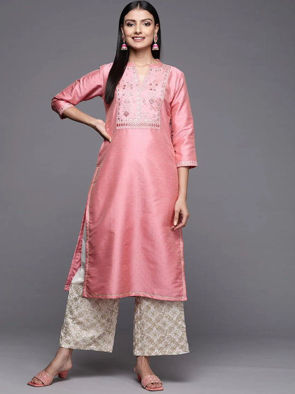 Pink Yoke Design Art Silk Straight Kurta - Jashvi