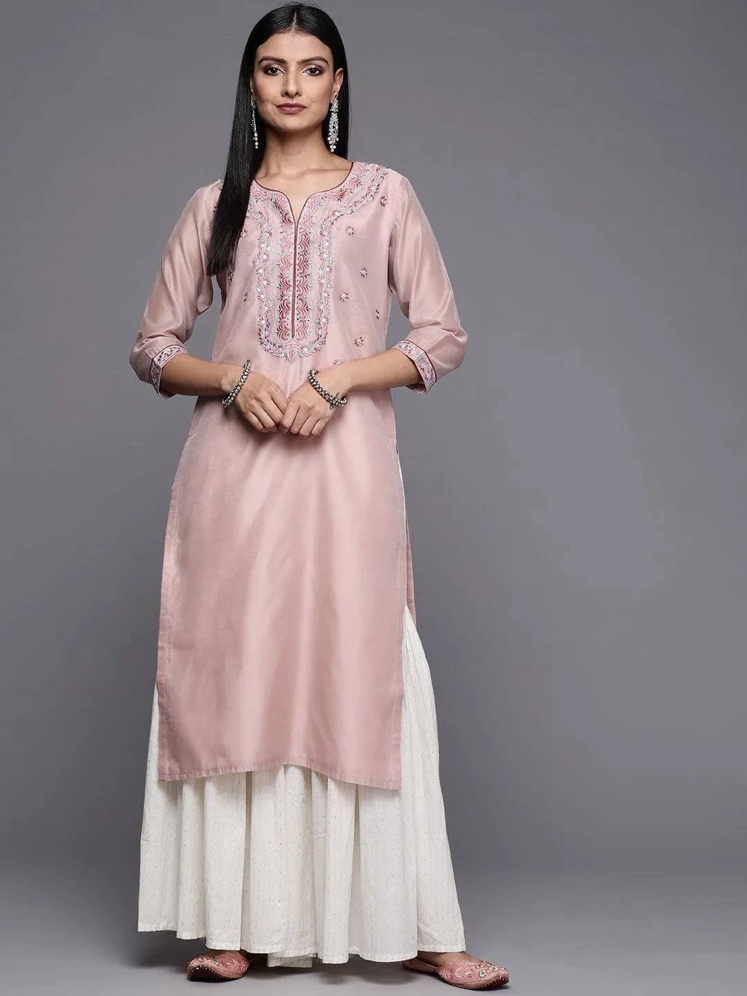 Pink Yoke Design Chanderi Cotton Straight Kurta - Jashvi