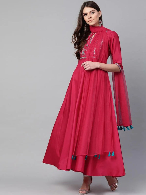 Pink Yoke Design Chanderi Dress With Dupatta - Jashvi