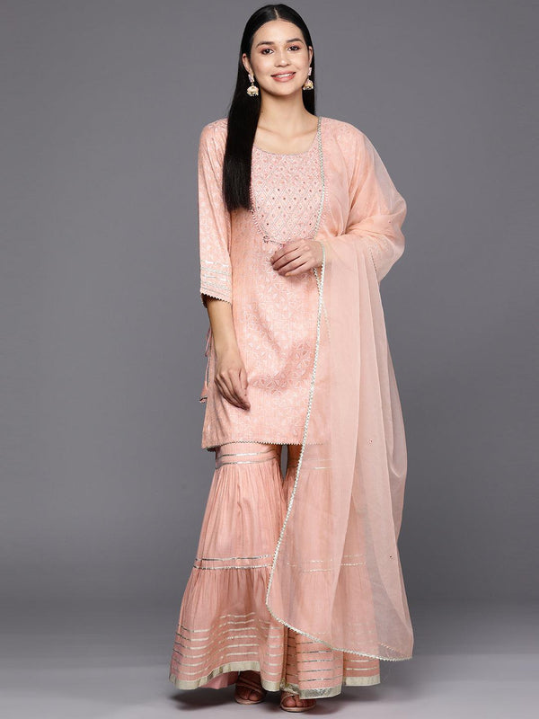 Pink Yoke Design Cotton Straight Suit Set With Sharara - Jashvi