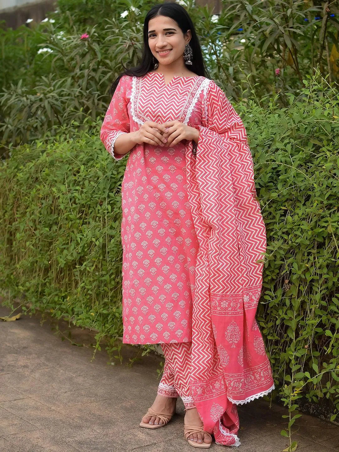 Pink Yoke Design Cotton Straight Suit Set - Jashvi