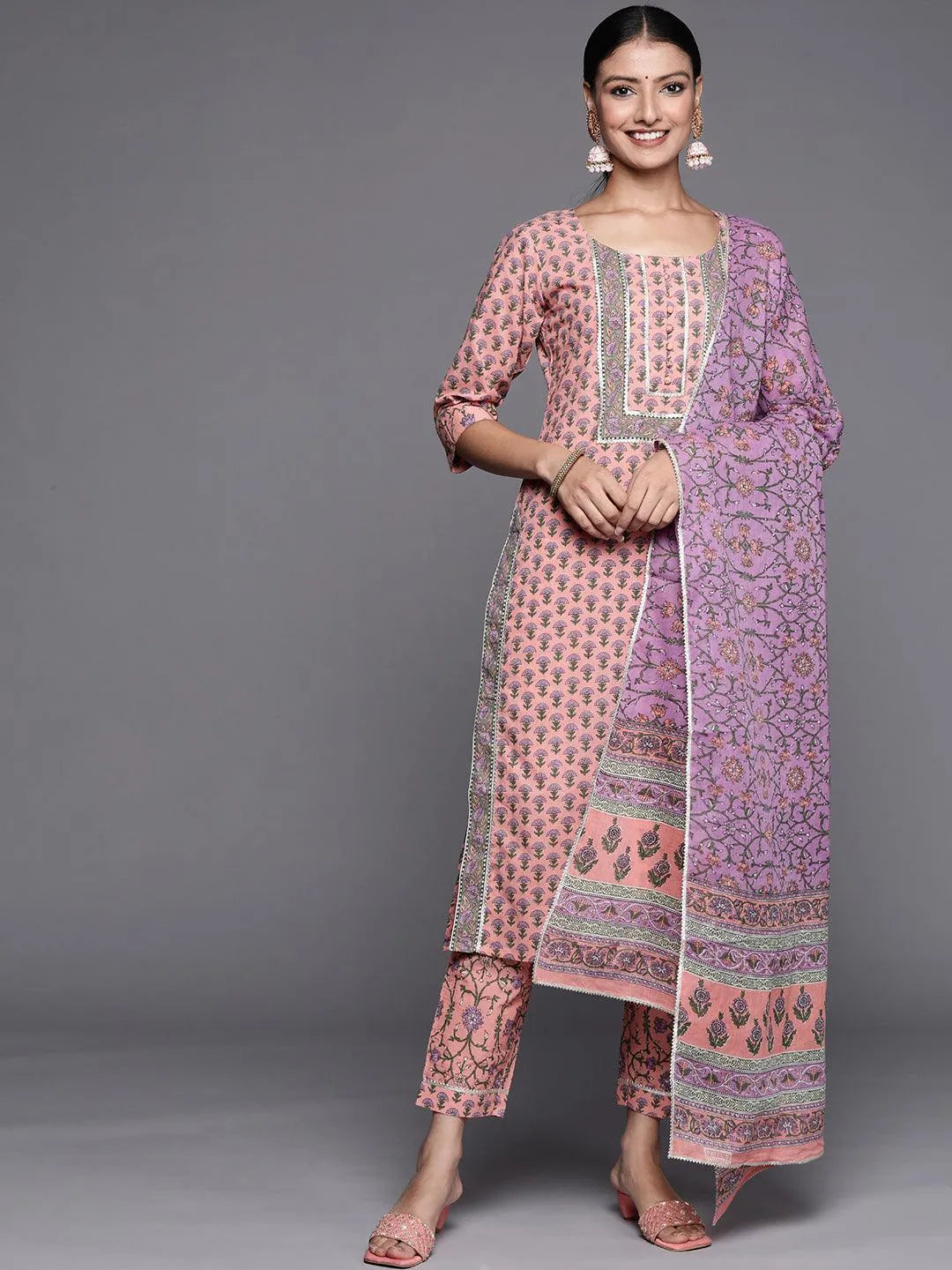 Pink Yoke Design Cotton Straight Suit Set - Jashvi