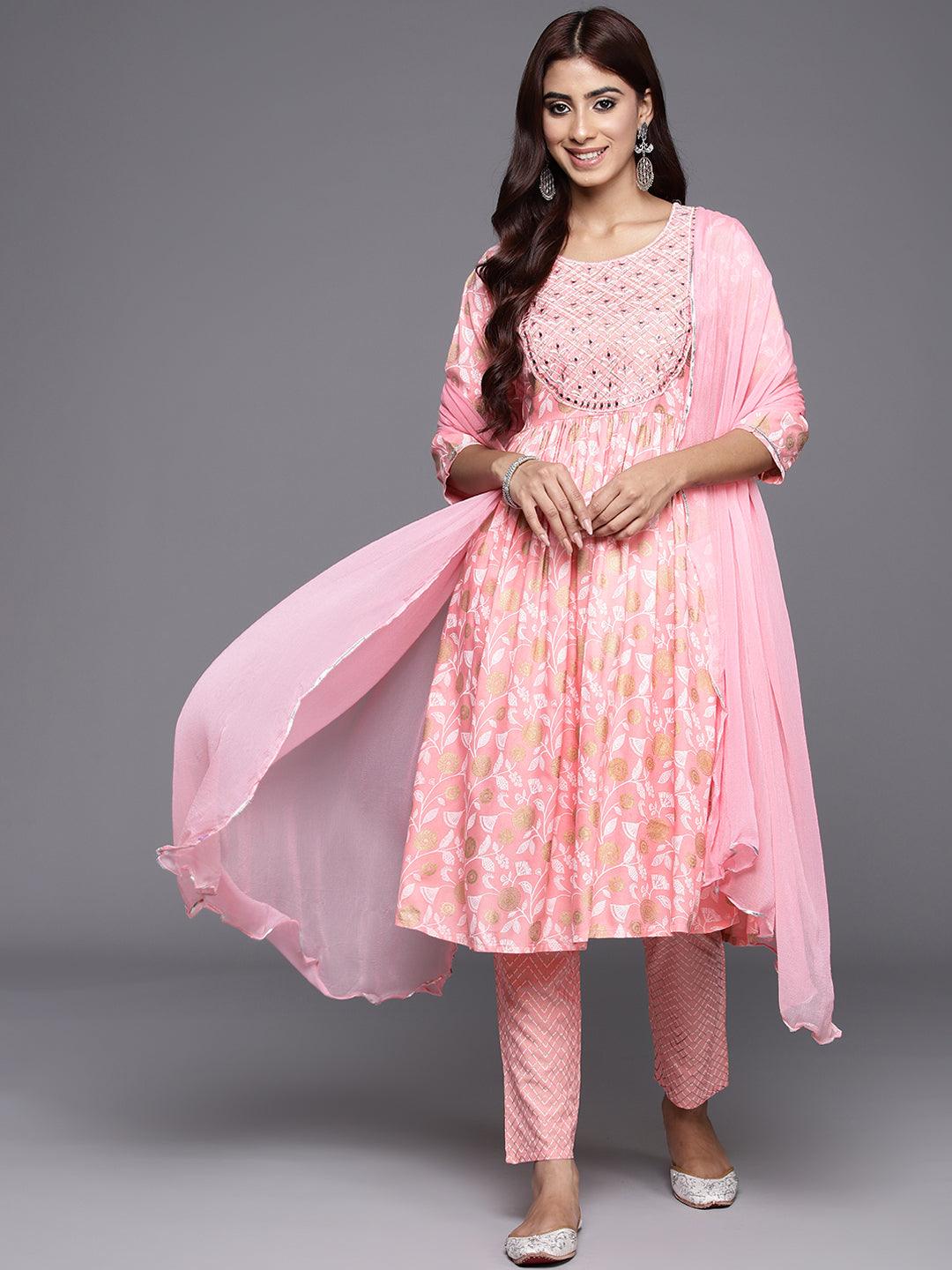 Pink Yoke Design Rayon A-Line Kurta With Trousers & Dupatta - Jashvi