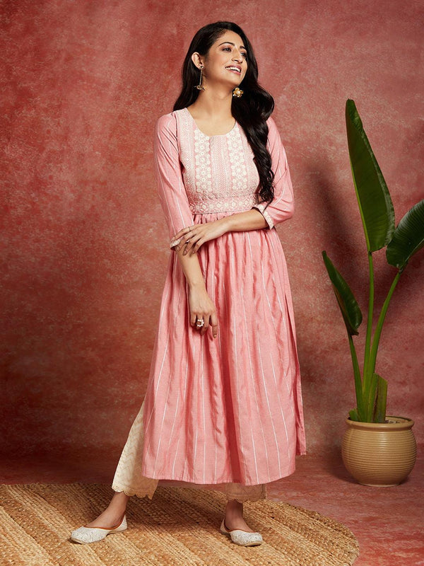 Pink Yoke Design Silk A-Line Kurta - Jashvi