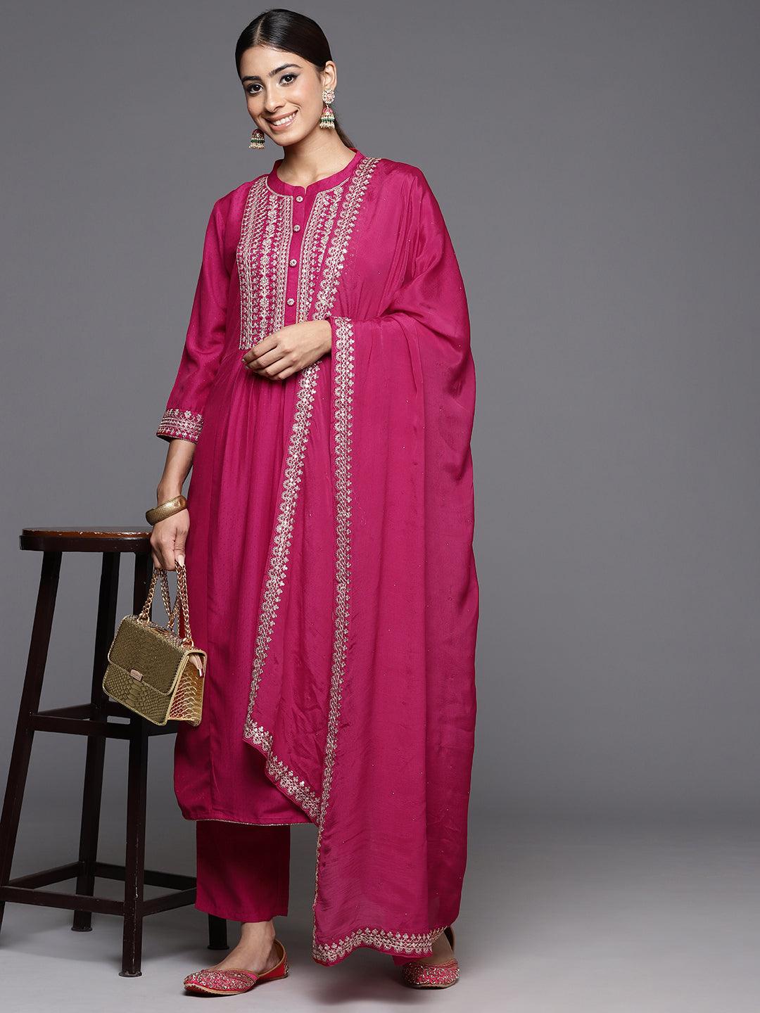 Pink Yoke Design Silk Blend A-Line Kurta With Palazzos & Dupatta - Jashvi