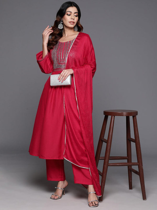 Pink Yoke Design Silk Blend A-Line Kurta With Trousers & Dupatta - Jashvi