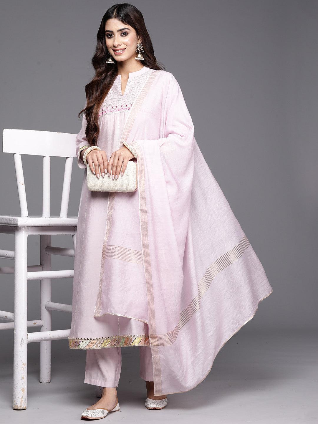 Pink Yoke Design Silk Blend A-Line Kurta With Trousers & Dupatta - Jashvi