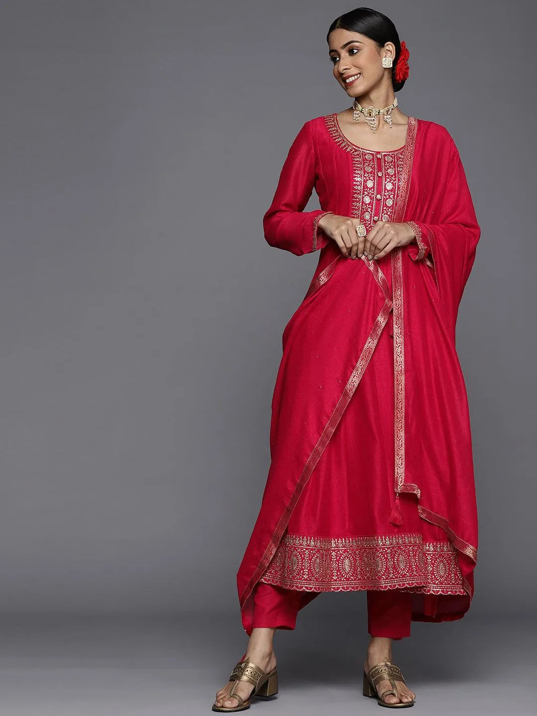 Pink Yoke Design Silk Blend Anarkali Suit Set - Jashvi